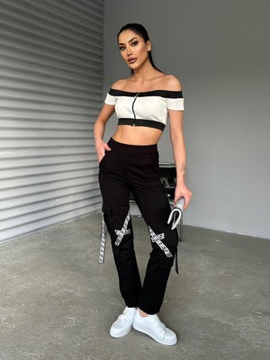 Foa Fashion Üst Omuz Düşük Kaşkorse Crop Alt Kargo Cep Ikili Takım