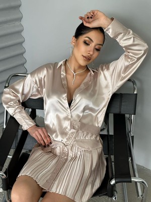 Foa Fashion Bej Pilise Etekli Cep Detay Saten Ikili Takım