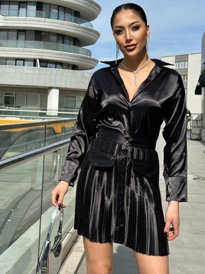 Foa Fashion Siyah Pilise Etekli Cep Detay Saten Ikili Takım