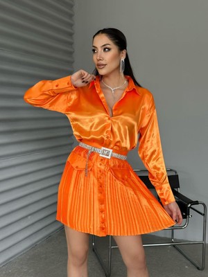 Foa Fashion Turuncu Pilise Etekli Cep Detay Saten Ikili Takım