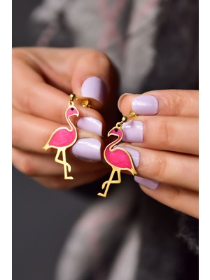 Papatya Silver 925 Ayar Gümüş Gold Kaplama Parlayan Rüya Serisi Ebruli Cam Boyalı Flamingo Küpe