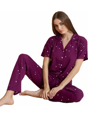 Pijamoni Kadın Kısa Kol Boydan Düğmeli Pijama Takımı - 7515-18