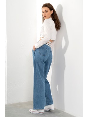 Its Basic Kadın Mavi Renk Kemer ve Pens Detaylı Wide Leg Fit Denim