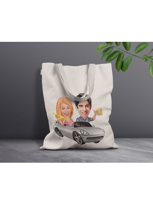 Bk Gift Kişiye Özel Sevgililer Karikatürlü Kanvas Bez Çanta, Baskılı Omuz Çantası, Alışveriş Çantası, Plaj Çantası, Sevgiliye Hediye-11