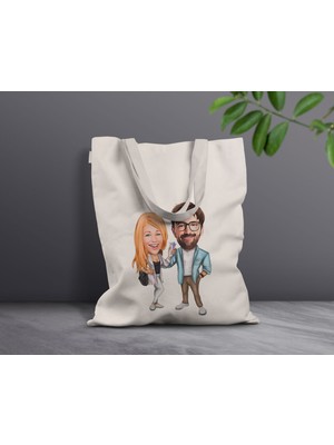 Bk Gift Kişiye Özel Sevgililer Karikatürlü Kanvas Bez Çanta, Baskılı Omuz Çantası, Alışveriş Çantası, Plaj Çantası, Sevgiliye Hediye-17