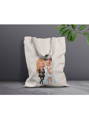 Bk Gift Kişiye Özel Sevgililer Karikatürlü Kanvas Bez Çanta, Baskılı Omuz Çantası, Alışveriş Çantası, Plaj Çantası, Sevgiliye Hediye-2
