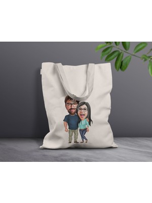 Bk Gift Kişiye Özel Sevgililer Karikatürlü Kanvas Bez Çanta, Baskılı Omuz Çantası, Alışveriş Çantası, Plaj Çantası, Sevgiliye Hediye-1