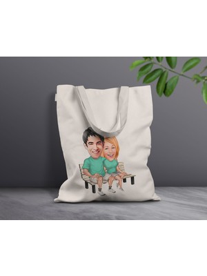Bk Gift Kişiye Özel Sevgililer Karikatürlü Kanvas Bez Çanta, Baskılı Omuz Çantası, Alışveriş Çantası, Plaj Çantası, Sevgiliye Hediye-12