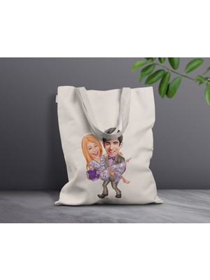 Bk Gift Kişiye Özel Sevgililer Karikatürlü Kanvas Bez Çanta, Baskılı Omuz Çantası, Alışveriş Çantası, Plaj Çantası, Sevgiliye Hediye-13