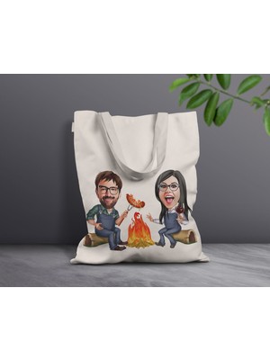 Bk Gift Kişiye Özel Sevgililer Karikatürlü Kanvas Bez Çanta, Baskılı Omuz Çantası, Alışveriş Çantası, Plaj Çantası, Sevgiliye Hediye-19
