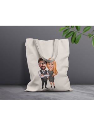 Bk Gift Kişiye Özel Sevgililer Karikatürlü Kanvas Bez Çanta, Baskılı Omuz Çantası, Alışveriş Çantası, Plaj Çantası, Sevgiliye Hediye-23