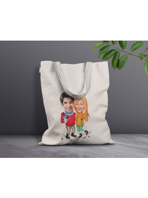 Bk Gift Kişiye Özel Sevgililer Karikatürlü Kanvas Bez Çanta, Baskılı Omuz Çantası, Alışveriş Çantası, Plaj Çantası, Sevgiliye Hediye-28