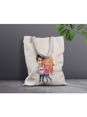 Bk Gift Kişiye Özel Sevgililer Karikatürlü Kanvas Bez Çanta, Baskılı Omuz Çantası, Alışveriş Çantası, Plaj Çantası, Sevgiliye Hediye-36