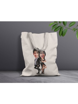 Bk Gift Kişiye Özel Sevgililer Karikatürlü Kanvas Bez Çanta, Baskılı Omuz Çantası, Alışveriş Çantası, Plaj Çantası, Sevgiliye Hediye-37