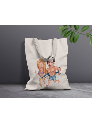 Bk Gift Kişiye Özel Sevgililer Karikatürlü Kanvas Bez Çanta, Baskılı Omuz Çantası, Alışveriş Çantası, Plaj Çantası, Sevgiliye Hediye-39