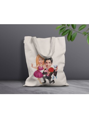 Bk Gift Kişiye Özel Sevgililer Karikatürlü Kanvas Bez Çanta, Baskılı Omuz Çantası, Alışveriş Çantası, Plaj Çantası, Sevgiliye Hediye-40