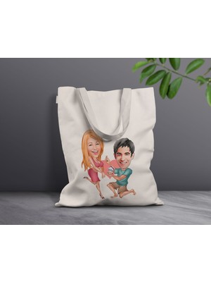 Bk Gift Kişiye Özel Sevgililer Karikatürlü Kanvas Bez Çanta, Baskılı Omuz Çantası, Alışveriş Çantası, Plaj Çantası, Sevgiliye Hediye-5