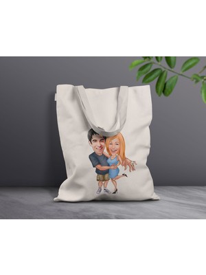 Bk Gift Kişiye Özel Sevgililer Karikatürlü Kanvas Bez Çanta, Baskılı Omuz Çantası, Alışveriş Çantası, Plaj Çantası, Sevgiliye Hediye-44