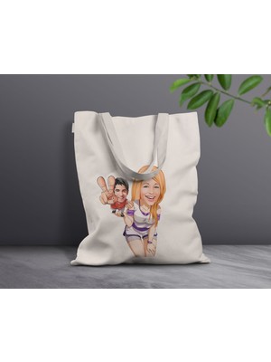 Bk Gift Kişiye Özel Sevgililer Karikatürlü Kanvas Bez Çanta, Baskılı Omuz Çantası, Alışveriş Çantası, Plaj Çantası, Sevgiliye Hediye-6
