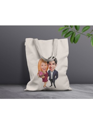 Bk Gift Kişiye Özel Sevgililer Karikatürlü Kanvas Bez Çanta, Baskılı Omuz Çantası, Alışveriş Çantası, Plaj Çantası, Sevgiliye Hediye-18