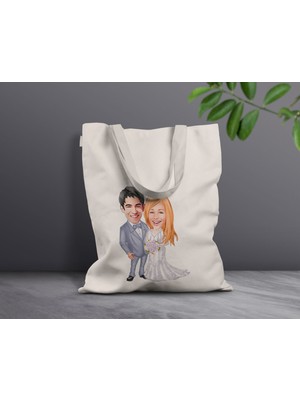 Bk Gift Kişiye Özel Sevgililer Karikatürlü Kanvas Bez Çanta, Baskılı Omuz Çantası, Alışveriş Çantası, Plaj Çantası, Sevgiliye Hediye-26