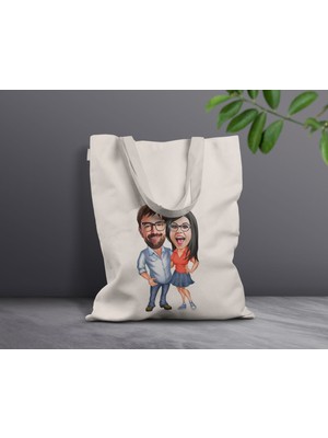 Bk Gift Kişiye Özel Sevgililer Karikatürlü Kanvas Bez Çanta, Baskılı Omuz Çantası, Alışveriş Çantası, Plaj Çantası, Sevgiliye Hediye-27