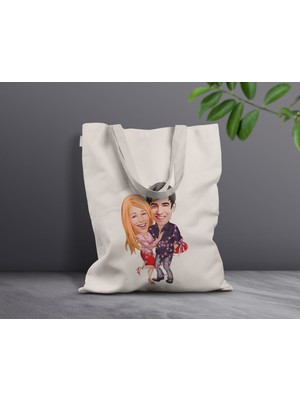 Bk Gift Kişiye Özel Sevgililer Karikatürlü Kanvas Bez Çanta, Baskılı Omuz Çantası, Alışveriş Çantası, Plaj Çantası, Sevgiliye Hediye-33