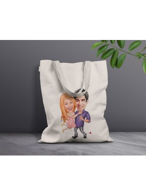 Bk Gift Kişiye Özel Sevgililer Karikatürlü Kanvas Bez Çanta, Baskılı Omuz Çantası, Alışveriş Çantası, Plaj Çantası, Sevgiliye Hediye-34