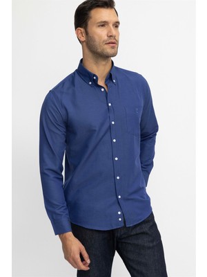 Tudors Erkek Regular Fit Klasik Kesim Oxford Doku Yaka Düğmeli Cepli Nakışlı İndigo Gömlek