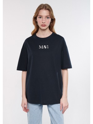 Mavi Logo Baskılı Gri Tişört