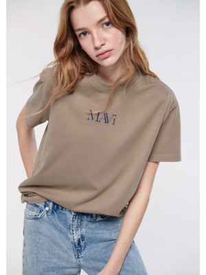 Mavi Logo Baskılı Kahverengi Tişört