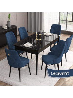 Canisa Concept Are Serisi, 80X132 Açılabilir Mdf Masa, Siyah Mermer Desen Mutfak Masa Takımı, 6 Sandalye