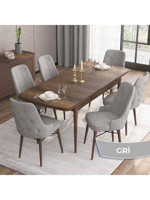 Canisa Concept Are Serisi, 80X132 Açılabilir Mdf Masa, Barok Ahşap Desenli Mutfak Masa Takımı 6 Sandalye