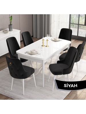 Canisa Concept Are Serisi, 80X132 Açılabilir Mdf Masa, Beyaz Mutfak Masa Takımı, 6 Sandalye