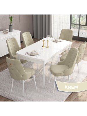 Canisa Concept Are Serisi, 80X132 Açılabilir Mdf Masa, Beyaz Mutfak Masa Takımı, 6 Sandalye