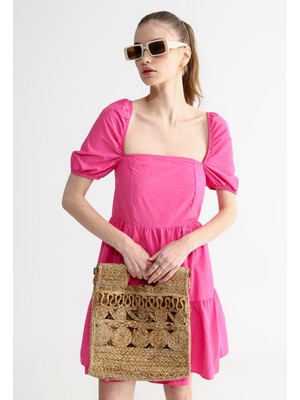 Aeropostale Kare Yaka Düz Pembe Mini Kadın Elbise Ponte-Y