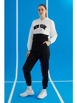 Say Sportswear Kapüşonlu Ekru Siyah Beyaz Kadın Eşofman Takımı