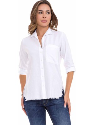 Cipo & Baxx WH124 Yırtık Detaylı Beyaz Keten Kadın Gömlek10