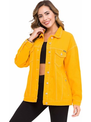 WJ211 Oversize Uzun Sarı Kadın Kot Ceket