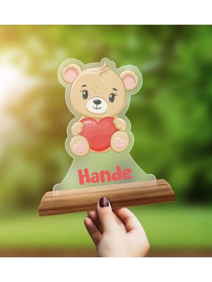 Bk Gift Kişiye Özel Isimli Sevimli Ayı Tasarımlı Ahşap Standlı Pleksi Biblo-1