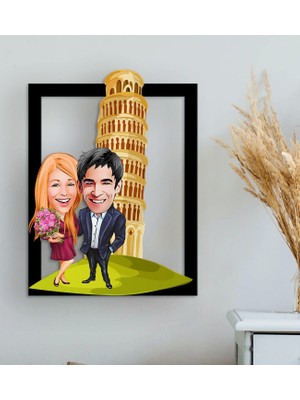Bk Gift Kişiye Özel Sevgililer Pisa Kulesi Karikatürlü 3D Ahşap Tablo-1