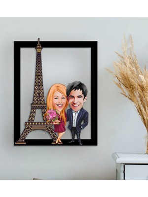 Bk Gift Kişiye Özel Sevgililer Eyfel Kulesi Karikatürlü 3D Ahşap Tablo-1