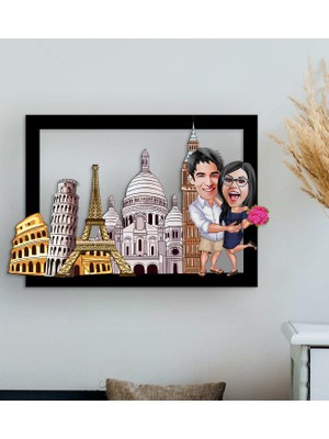 Bk Gift Kişiye Özel Gezgin Sevgililer Karikatürlü 3D Ahşap Tablo-1