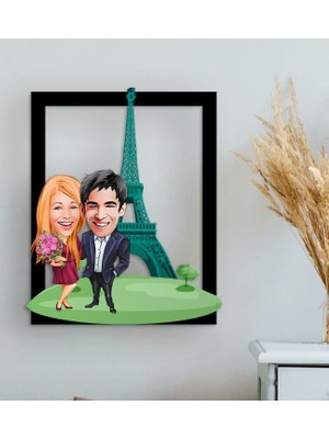 Bk Gift Kişiye Özel Sevgililer Eyfel Kulesi Karikatürlü 3D Ahşap Tablo-2