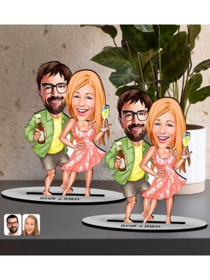 Bk Gift Kişiye Özel Tatilci Sevgililer Karikatürlü 2’li Ahşap Biblo Seti-1