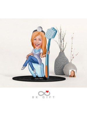 Bk Gift Kişiye Özel Kadın Diş Hekimi Karikatürlü Ahşap Biblo-2