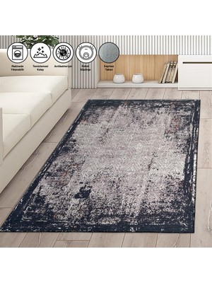 Carpettex Modern Abstrak Klasik Eskitme Desenli Siyah Gri Halı Kaymaz Taban Makinada Yıkanabilir