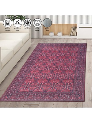 Carpettex Modern Klasik Afgan Desenli Kırmızı Siyah Halı Kaymaz Taban Makinada Yıkanabilir