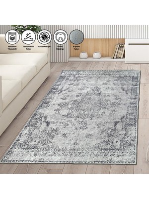 Carpettex Modern Klasik Eskitme Desenli Gri Halı Kaymaz Taban Makinada Yıkanabilir