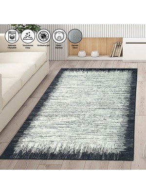 Carpettex Modern Abstrak Yağmur Bordür Desenli Siyah Beyaz Halı Kaymaz Taban Makinada Yıkanabilir